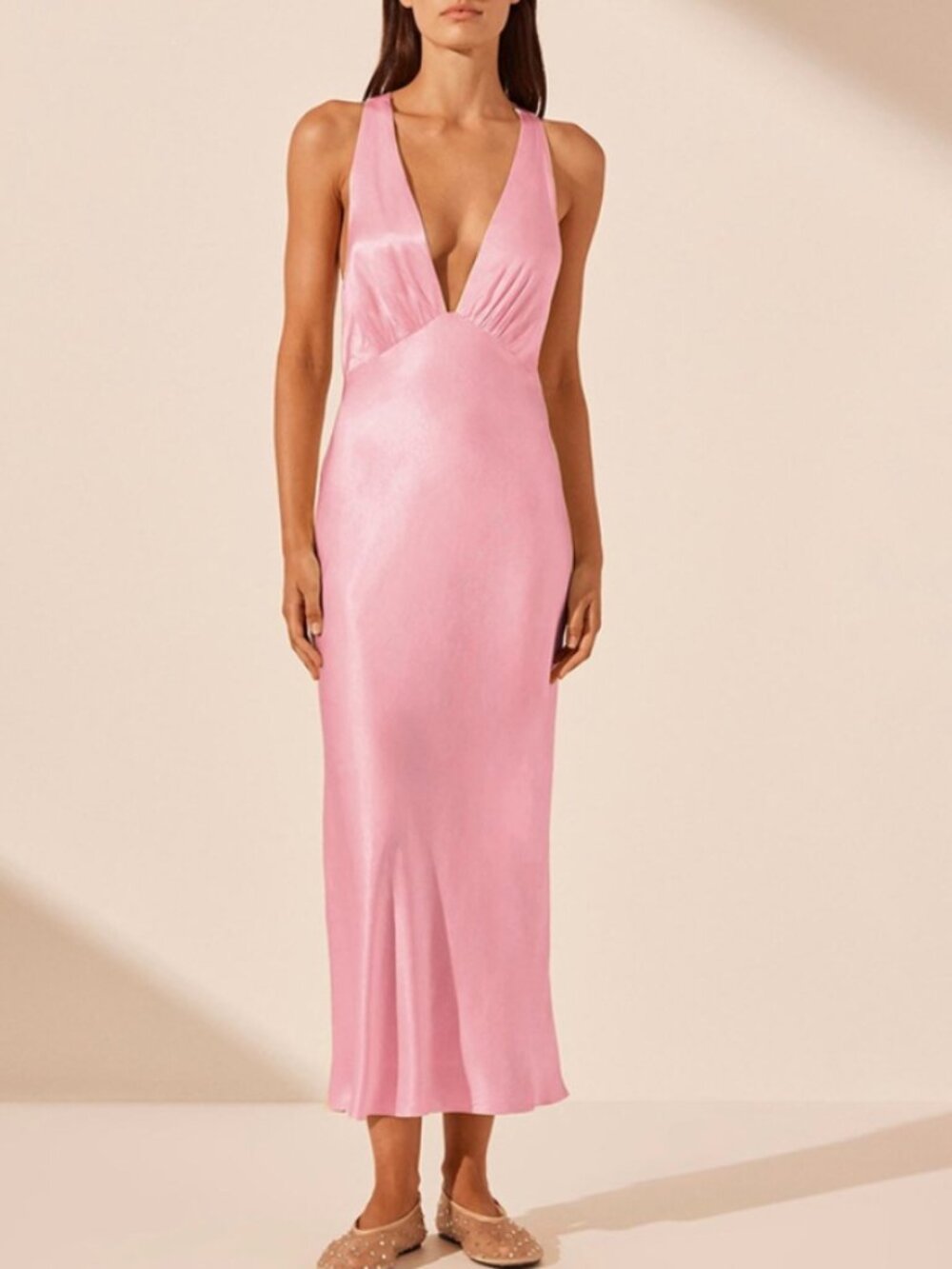 Shona Joy La Lune Plunged Cross Back Maxi Dress Blossom Pink Satin V-Neck Size 4